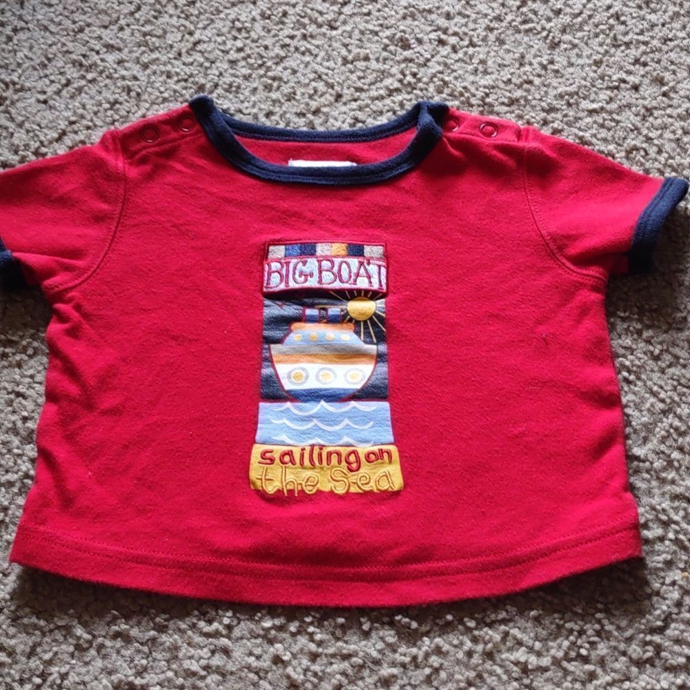 All Mine, Boy 12 months, red short sleeve shirt, big boat applique‎ black trim